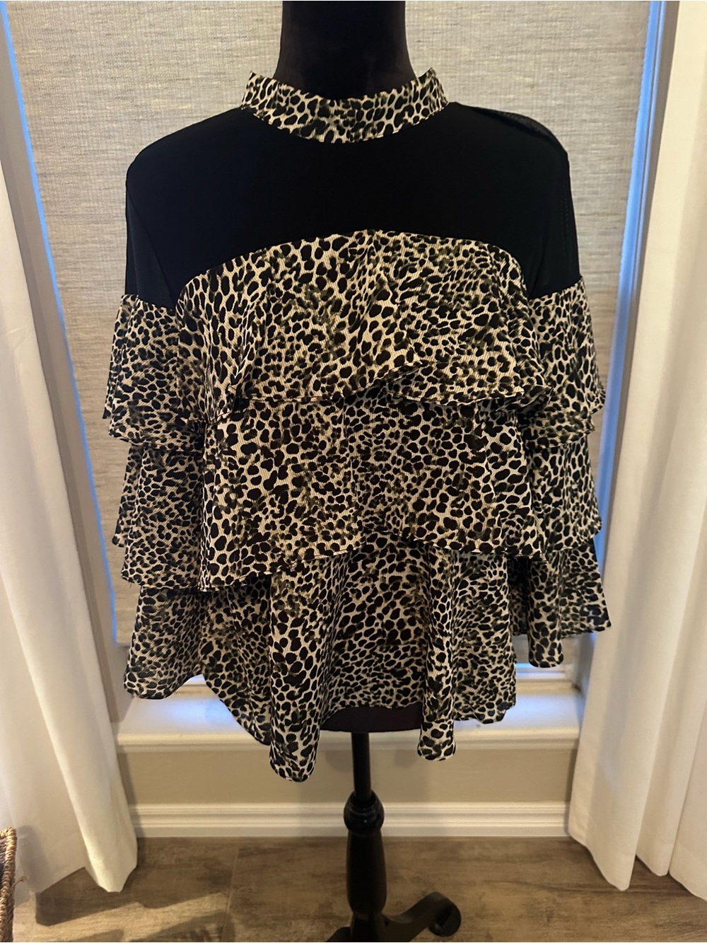 P Luca Milano Leopard Ruffle Tiered Blouse with Black Yoke